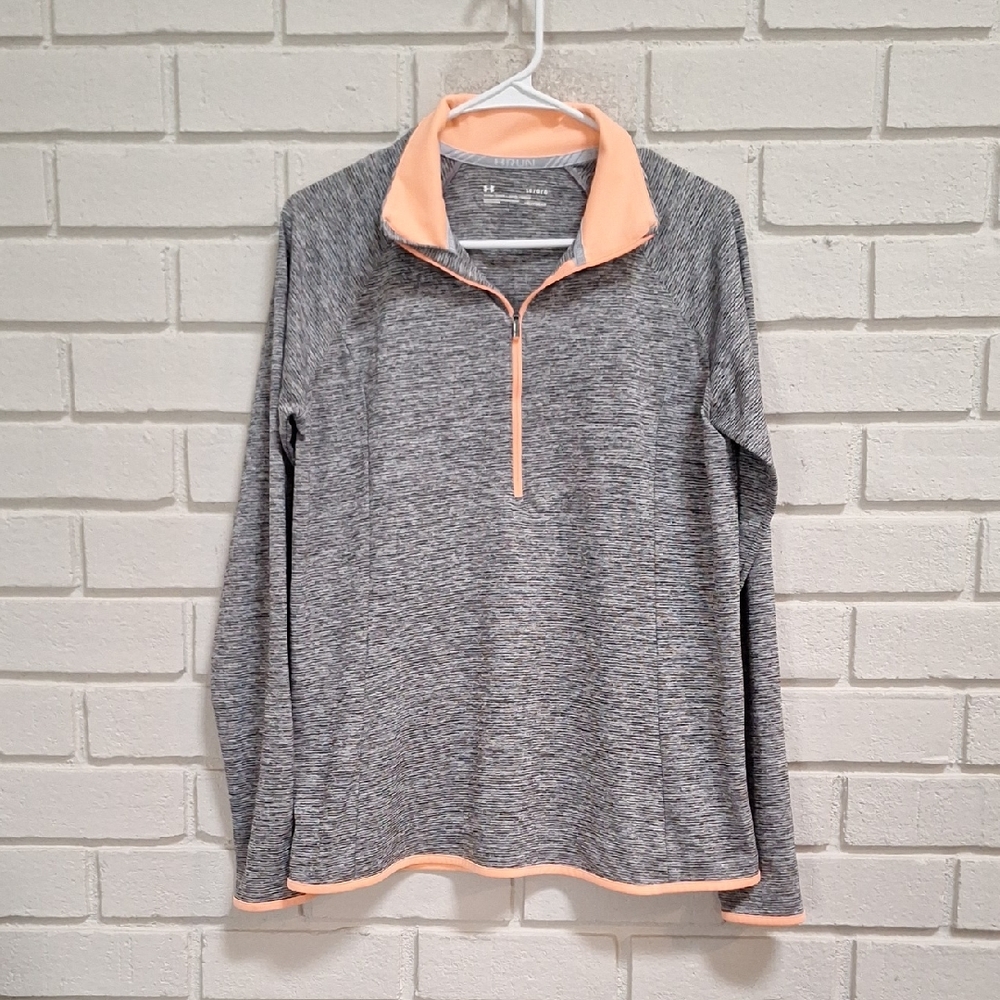 Under Armour Women's Heathered Gray and Peach Fitted Pullover. Size Large